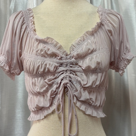 GARAGE Delicate soft pale sheer light Lavender Ruched Crop Top 4 - Picture 5 of 6